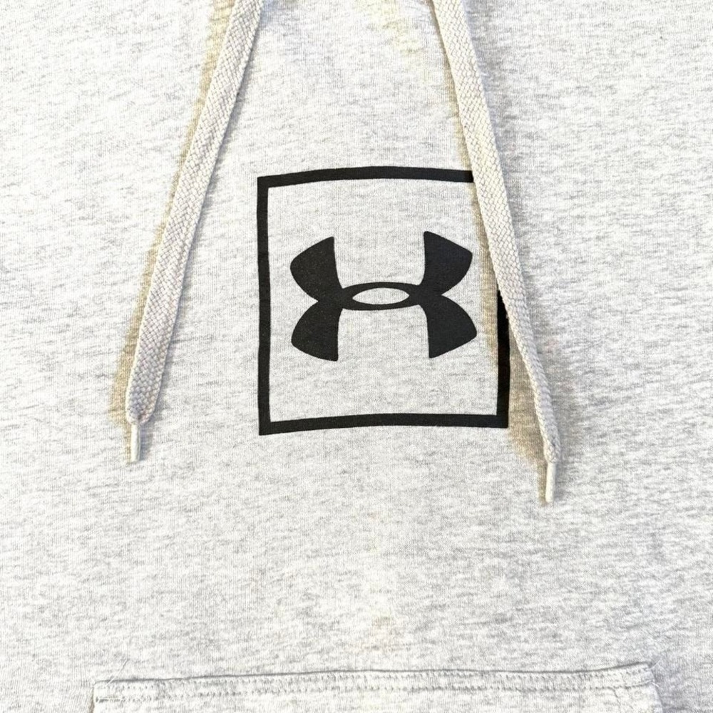Under Armour Mens XL Gray Heather Fleece Pullover Hoodie Box Logo Sweatshirt - Picture 2 of 7